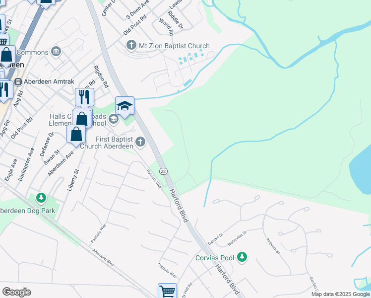 map of restaurants, bars, coffee shops, grocery stores, and more near Research Boulevard in Aberdeen