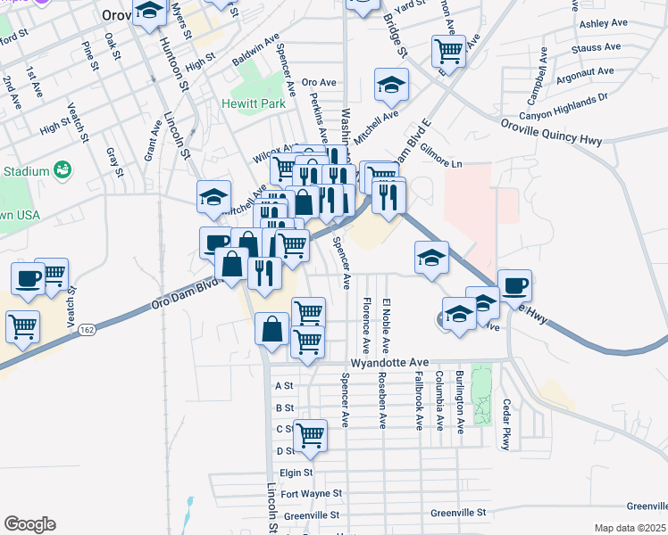 map of restaurants, bars, coffee shops, grocery stores, and more near 2647 Brown Avenue in Oroville