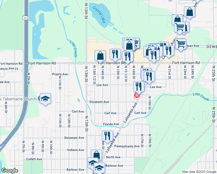 map of restaurants, bars, coffee shops, grocery stores, and more near 3060 North 14th 1/2th Street in Terre Haute