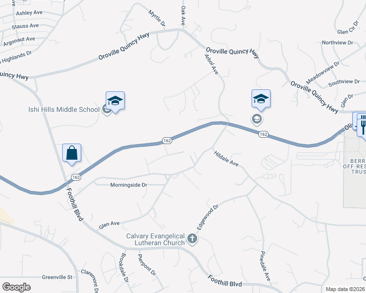 map of restaurants, bars, coffee shops, grocery stores, and more near 3570 Olive Highway in Oroville