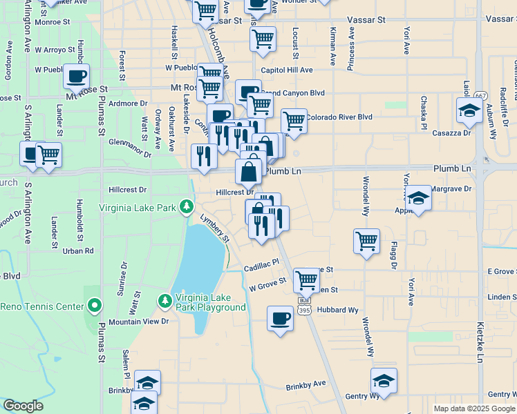map of restaurants, bars, coffee shops, grocery stores, and more near 2041 South Virginia Street in Reno