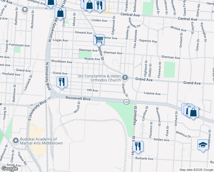 map of restaurants, bars, coffee shops, grocery stores, and more near 2310 Queen Avenue in Middletown