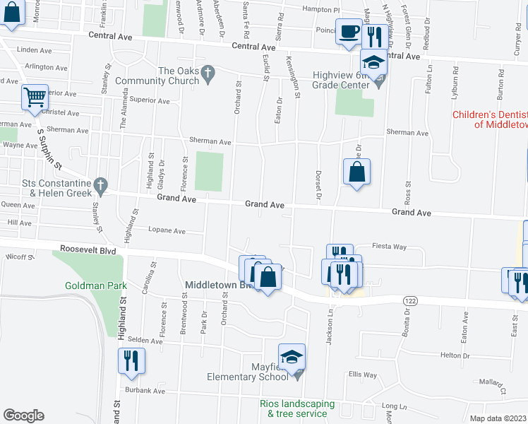 map of restaurants, bars, coffee shops, grocery stores, and more near 3202 Grand Avenue in Middletown