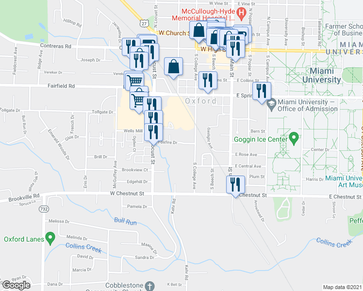 map of restaurants, bars, coffee shops, grocery stores, and more near 215 Foxfire Drive in Oxford