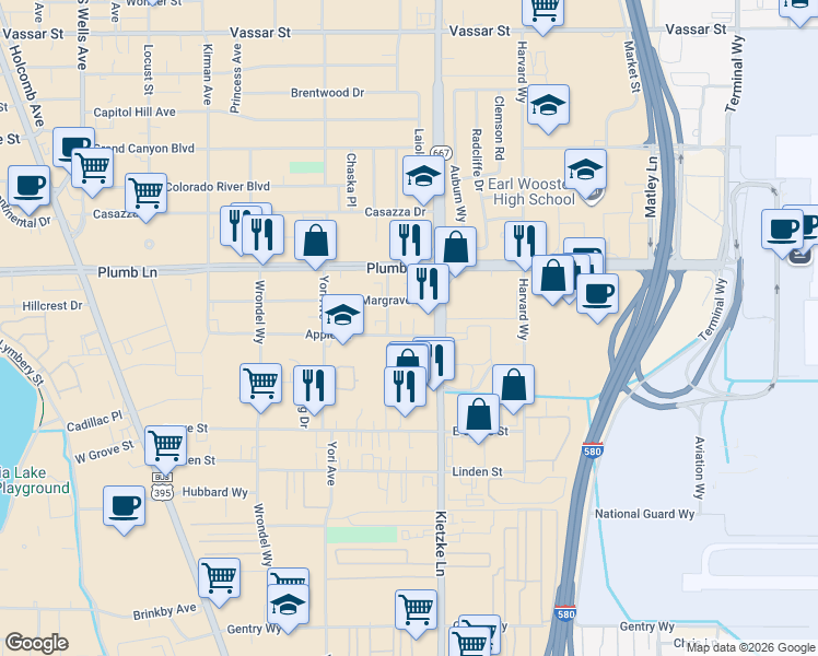 map of restaurants, bars, coffee shops, grocery stores, and more near 747 Apple Street in Reno
