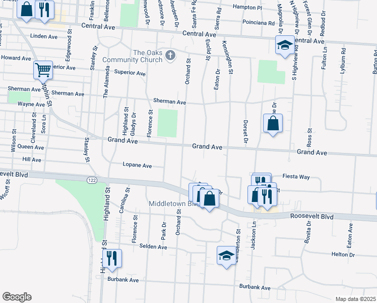 map of restaurants, bars, coffee shops, grocery stores, and more near 3108 Grand Avenue in Middletown