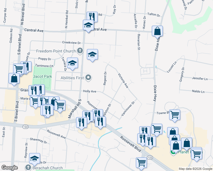 map of restaurants, bars, coffee shops, grocery stores, and more near 601 Regent Drive in Middletown