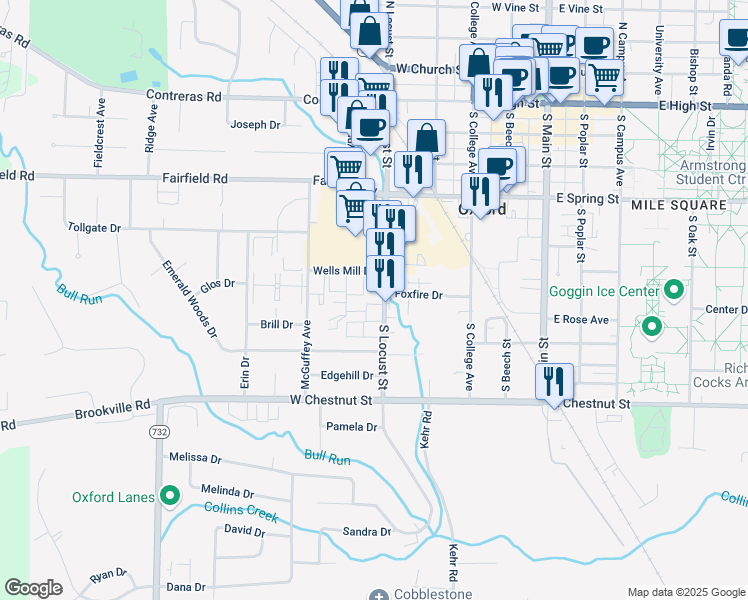map of restaurants, bars, coffee shops, grocery stores, and more near 610 South Locust Street in Oxford