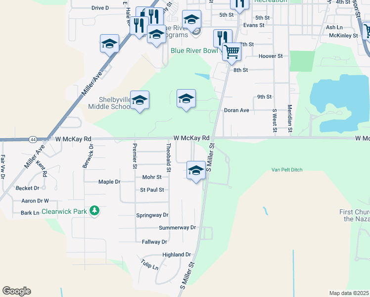 map of restaurants, bars, coffee shops, grocery stores, and more near 919 West McKay Road in Shelbyville