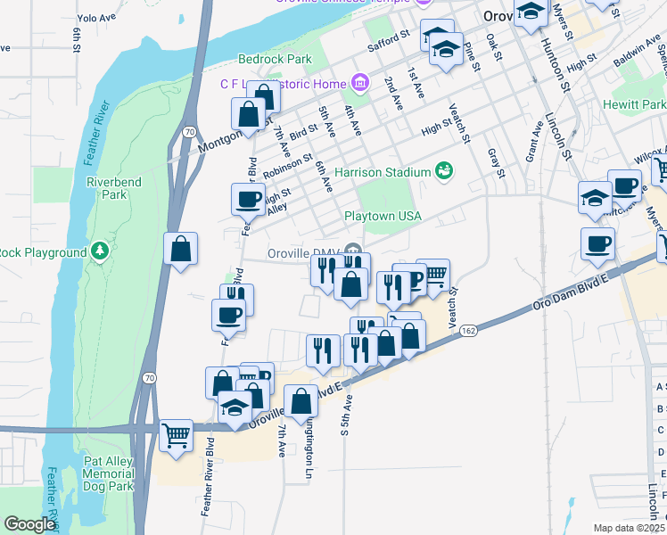 map of restaurants, bars, coffee shops, grocery stores, and more near 43 5th Avenue in Oroville
