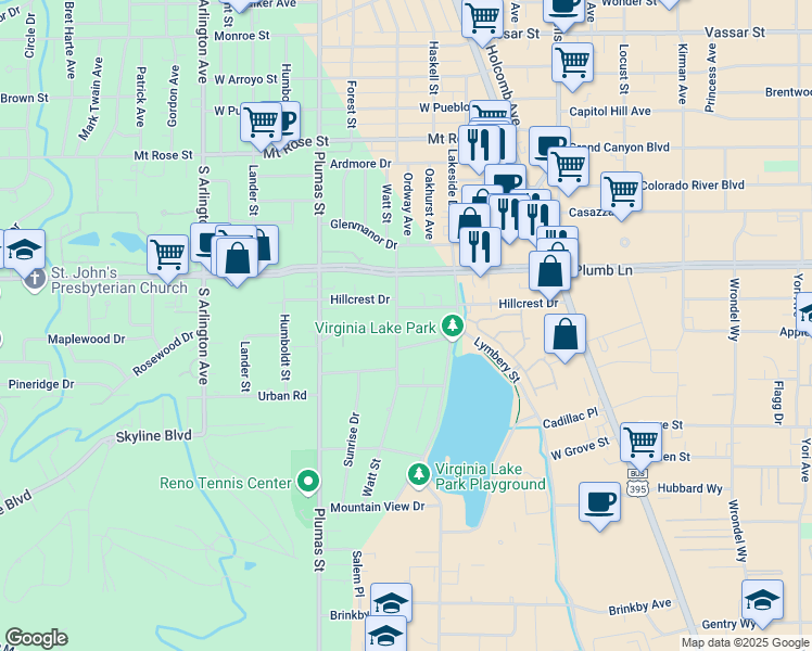 map of restaurants, bars, coffee shops, grocery stores, and more near 1924 Watt Street in Reno