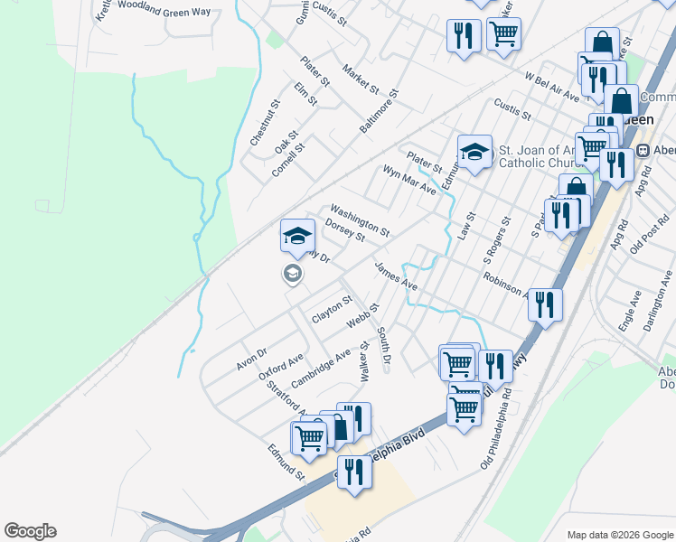 map of restaurants, bars, coffee shops, grocery stores, and more near 402 Holly Drive in Aberdeen