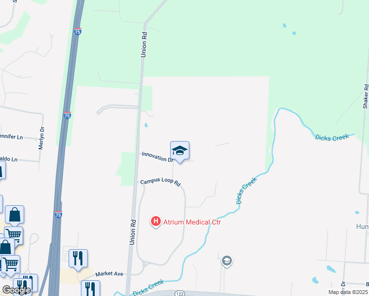 map of restaurants, bars, coffee shops, grocery stores, and more near 5750 Innovation Drive in Middletown