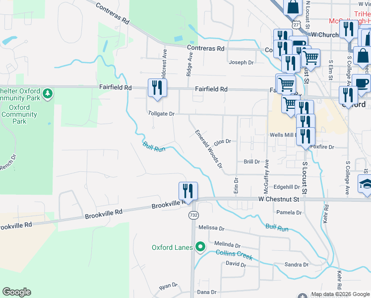map of restaurants, bars, coffee shops, grocery stores, and more near 14 Bull Run Drive in Oxford