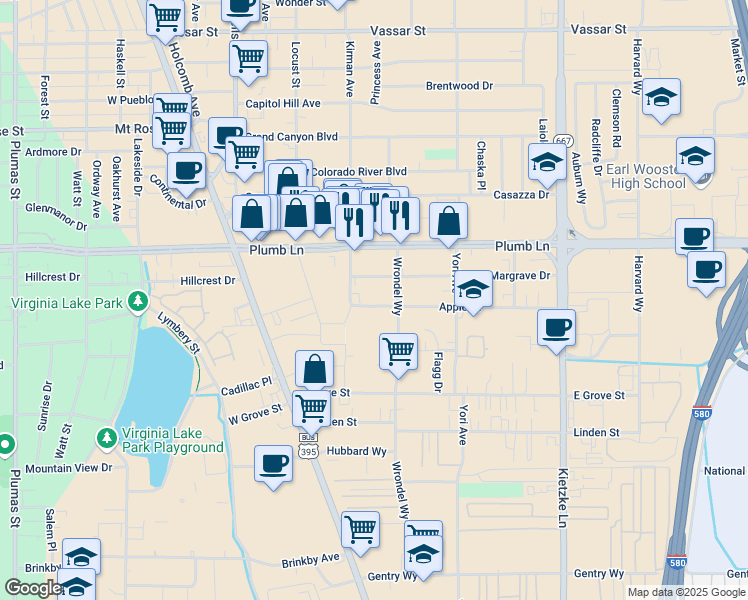 map of restaurants, bars, coffee shops, grocery stores, and more near 445 Apple Street in Reno