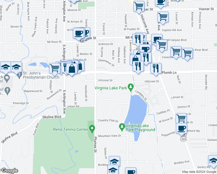 map of restaurants, bars, coffee shops, grocery stores, and more near 335 Sunset Drive in Reno