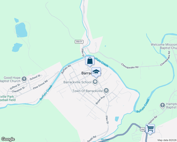 map of restaurants, bars, coffee shops, grocery stores, and more near 604 College Street in Barrackville
