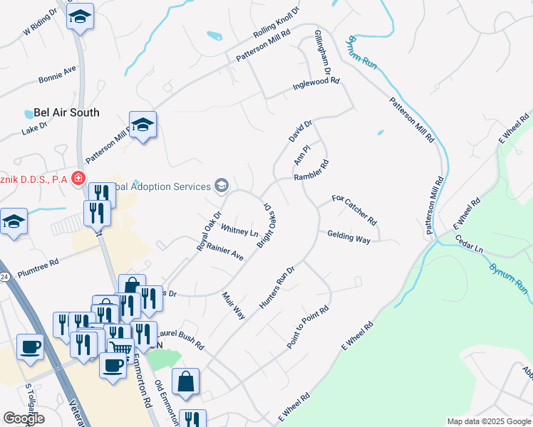 map of restaurants, bars, coffee shops, grocery stores, and more near 314 Bright Oaks Drive in Bel Air