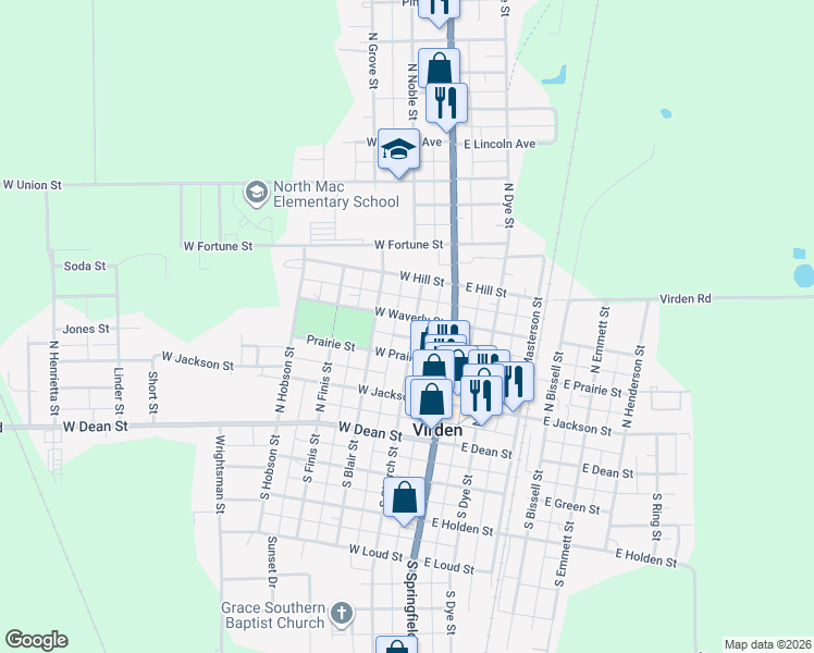 map of restaurants, bars, coffee shops, grocery stores, and more near 327 North Church Street in Virden