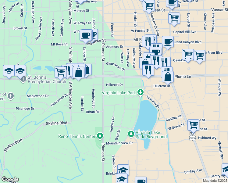 map of restaurants, bars, coffee shops, grocery stores, and more near 355 Sunset Drive in Reno
