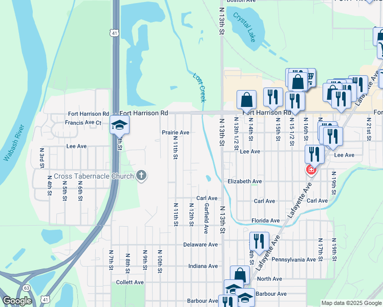 map of restaurants, bars, coffee shops, grocery stores, and more near 3127 North 12th Street in Terre Haute