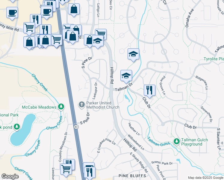 map of restaurants, bars, coffee shops, grocery stores, and more near E Hilltop Rd & Tallman Dr in Parker