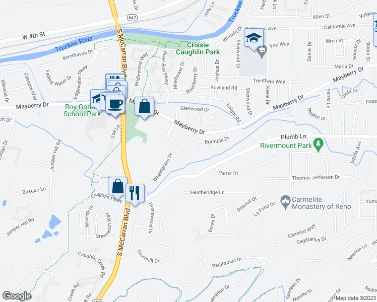 map of restaurants, bars, coffee shops, grocery stores, and more near 1554 Wildrye Drive in Reno