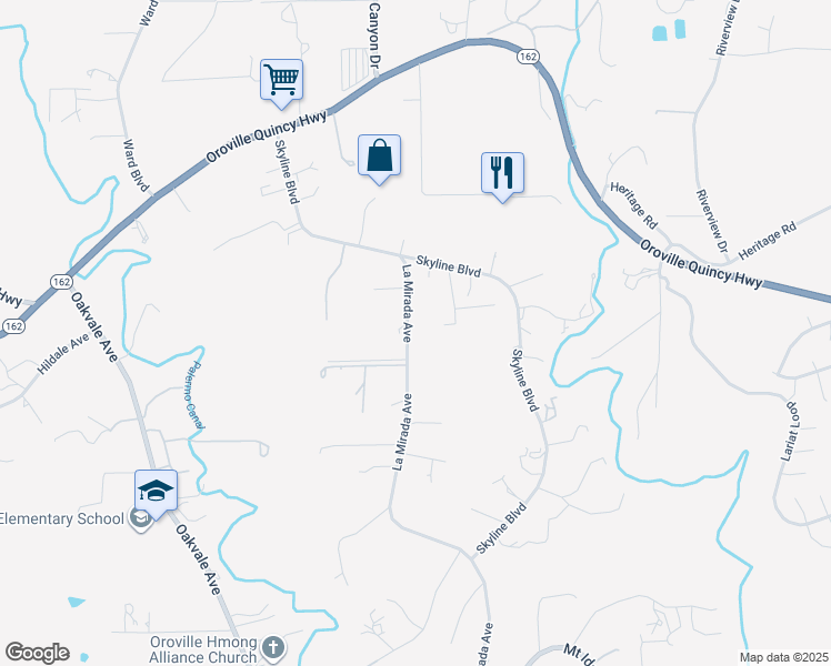 map of restaurants, bars, coffee shops, grocery stores, and more near La Mirada Avenue in Oroville East