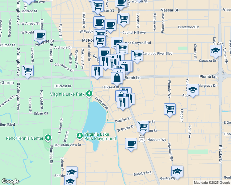 map of restaurants, bars, coffee shops, grocery stores, and more near 2035 South Virginia Street in Reno