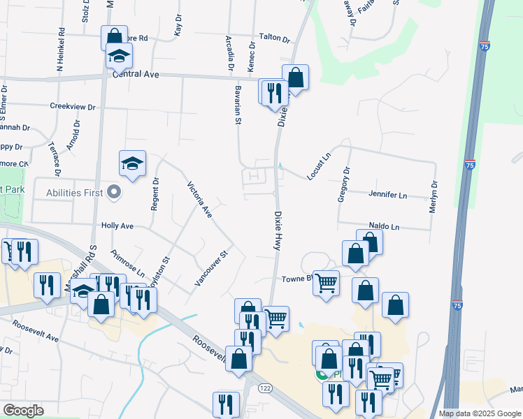 map of restaurants, bars, coffee shops, grocery stores, and more near 4077 Dixie Highway in Middletown