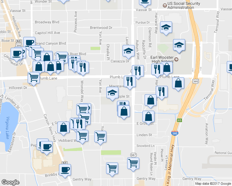 map of restaurants, bars, coffee shops, grocery stores, and more near 2093 Orange Lane in Reno