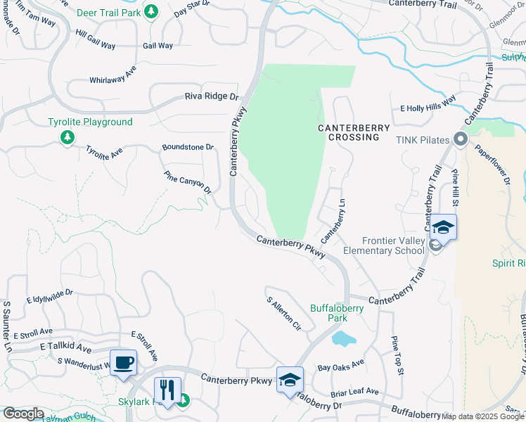 map of restaurants, bars, coffee shops, grocery stores, and more near 11690 Coeur D Alene Drive in Parker
