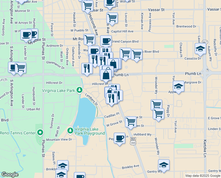 map of restaurants, bars, coffee shops, grocery stores, and more near 2041 South Virginia Street in Reno