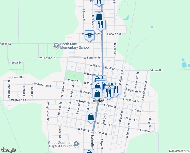 map of restaurants, bars, coffee shops, grocery stores, and more near 327 North Church Street in Virden
