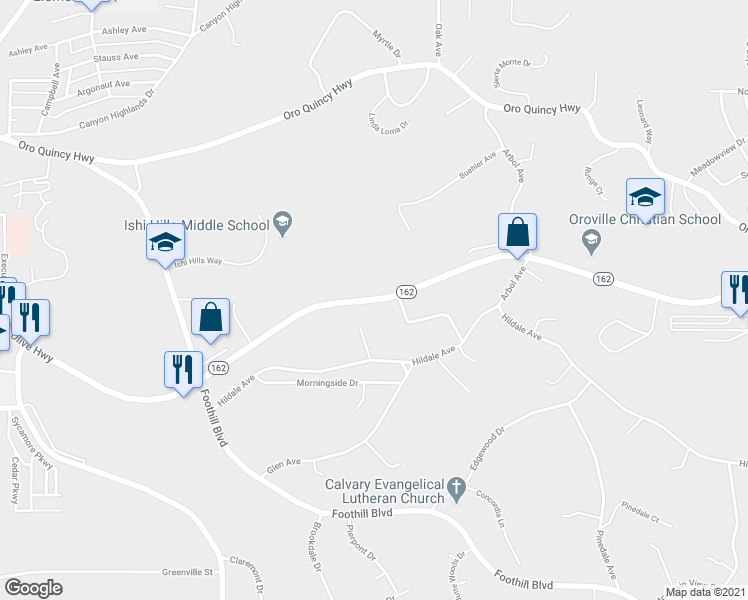 map of restaurants, bars, coffee shops, grocery stores, and more near Olive Highway in Oroville