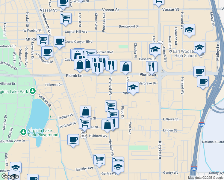 map of restaurants, bars, coffee shops, grocery stores, and more near 505 Apple St in Reno
