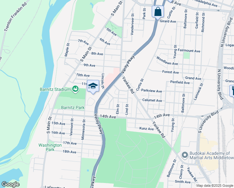 map of restaurants, bars, coffee shops, grocery stores, and more near 1104 Elm Street in Middletown