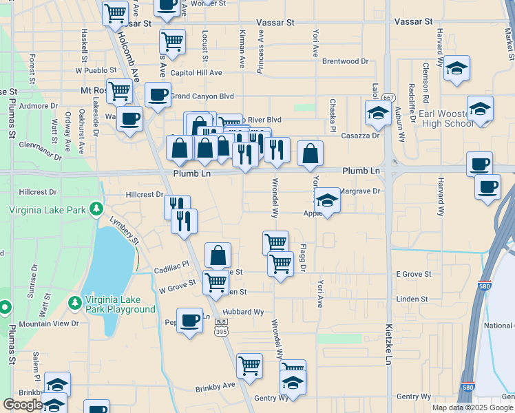 map of restaurants, bars, coffee shops, grocery stores, and more near 445 Apple St in Reno
