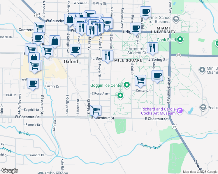 map of restaurants, bars, coffee shops, grocery stores, and more near 530 South Campus Avenue in Oxford