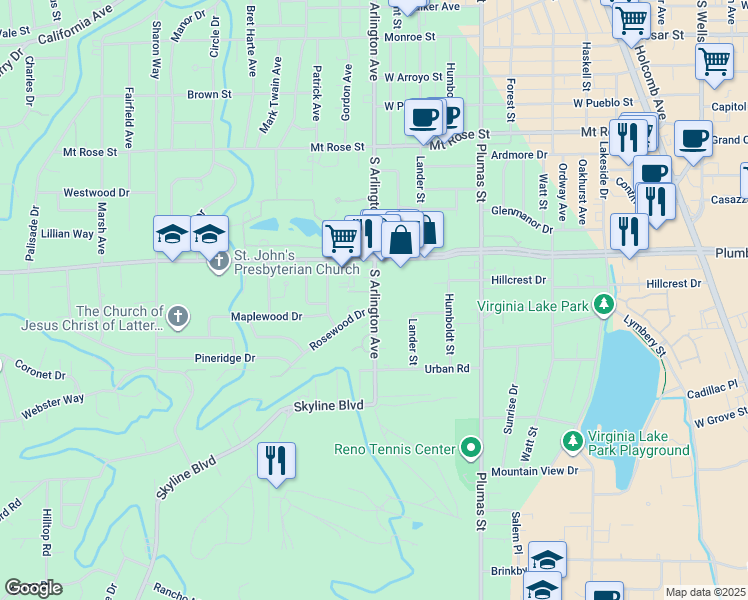 map of restaurants, bars, coffee shops, grocery stores, and more near 2040 South Arlington Avenue in Reno