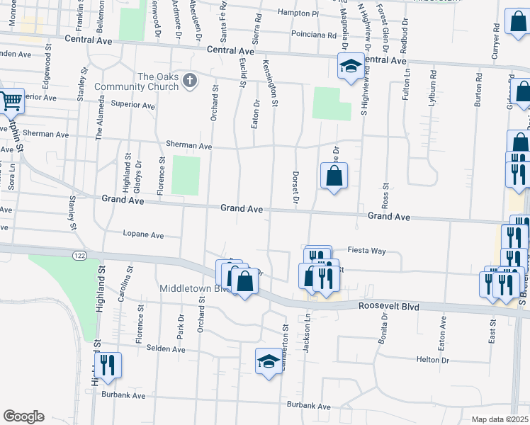 map of restaurants, bars, coffee shops, grocery stores, and more near 3300 Grand Avenue in Middletown