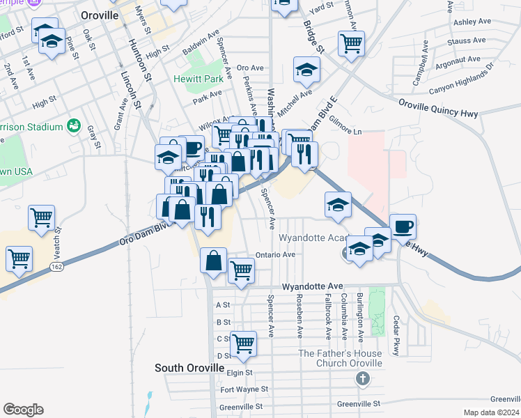 map of restaurants, bars, coffee shops, grocery stores, and more near 2647 Brown Avenue in Oroville