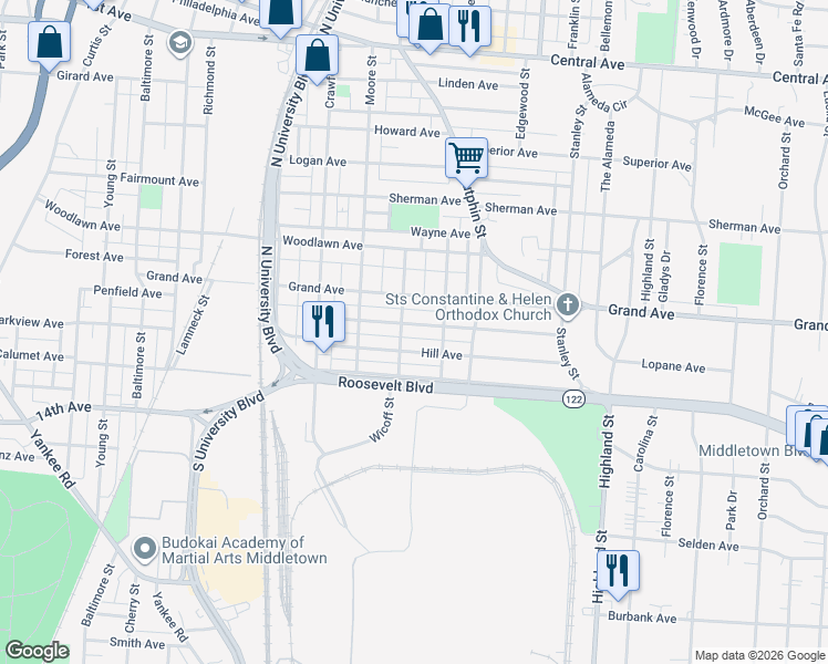 map of restaurants, bars, coffee shops, grocery stores, and more near 2106 Queen Avenue in Middletown