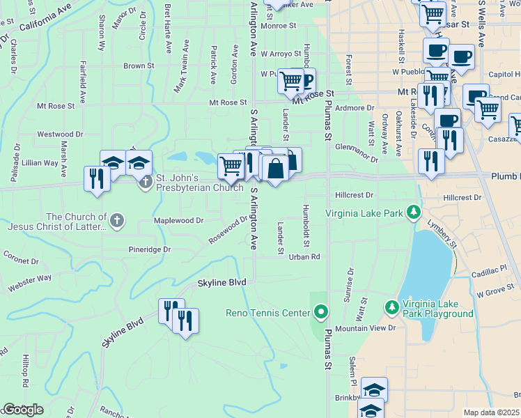 map of restaurants, bars, coffee shops, grocery stores, and more near 2040 South Arlington Avenue in Reno