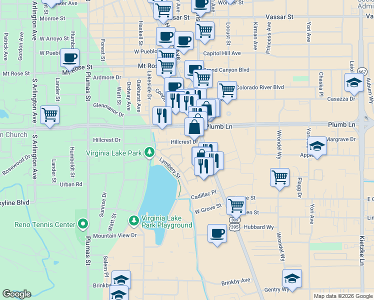 map of restaurants, bars, coffee shops, grocery stores, and more near 2041 South Virginia Street in Reno
