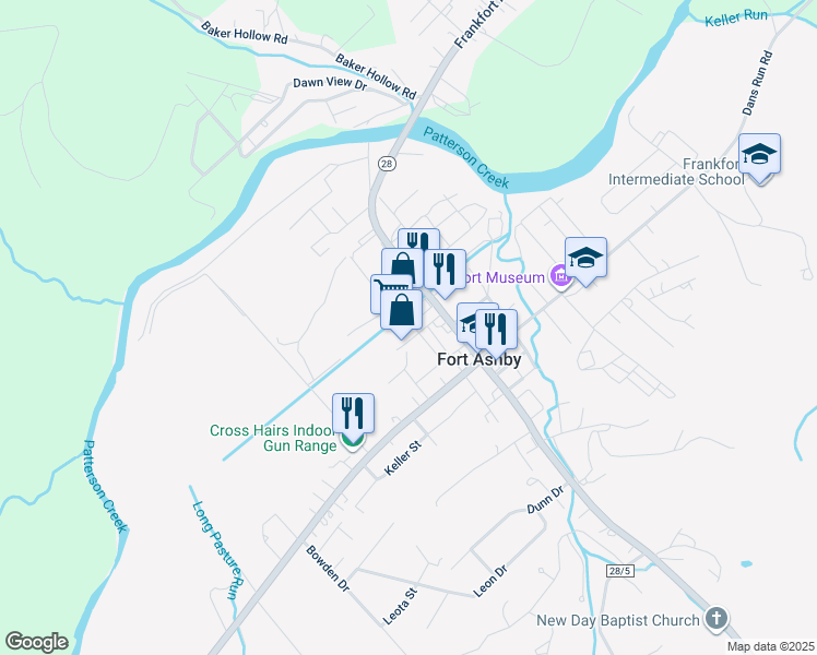 map of restaurants, bars, coffee shops, grocery stores, and more near 70 Presidents Street in Fort Ashby