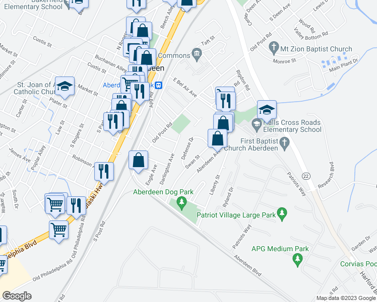 map of restaurants, bars, coffee shops, grocery stores, and more near 20 Defense Drive in Aberdeen