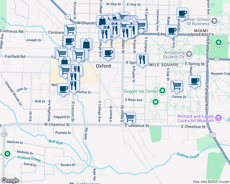 map of restaurants, bars, coffee shops, grocery stores, and more near 518 South Main Street in Oxford
