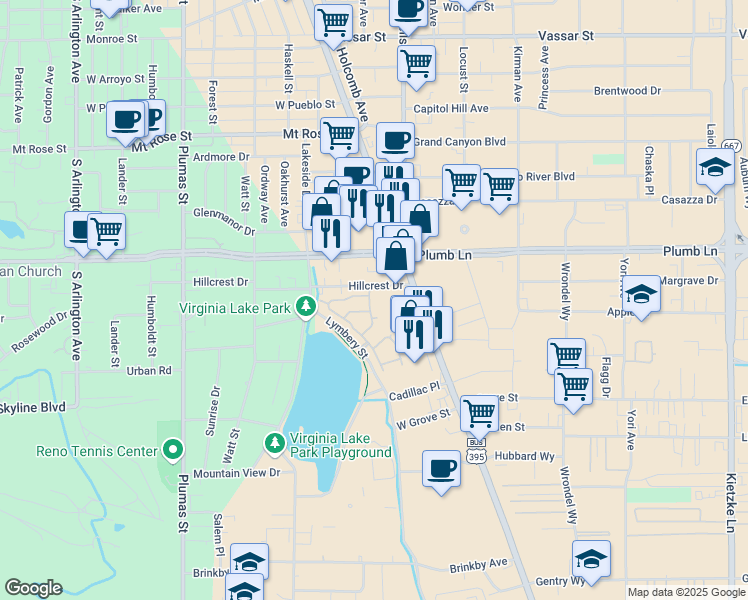 map of restaurants, bars, coffee shops, grocery stores, and more near 2050 Alamo Square Way in Reno