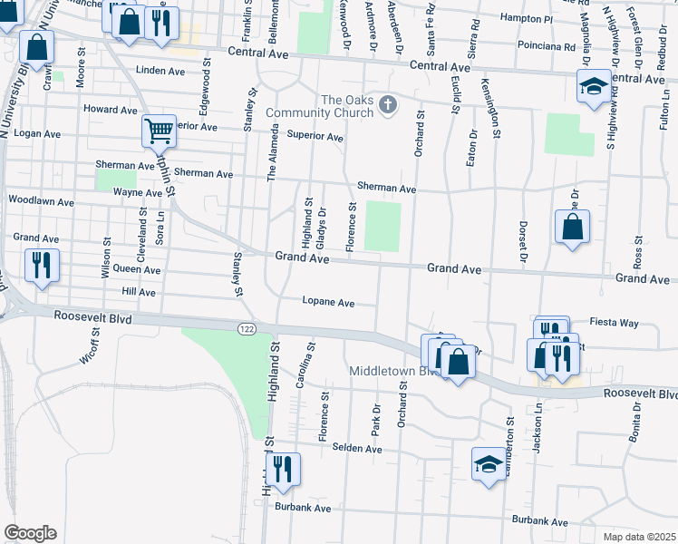 map of restaurants, bars, coffee shops, grocery stores, and more near 2804 Grand Ave in Middletown